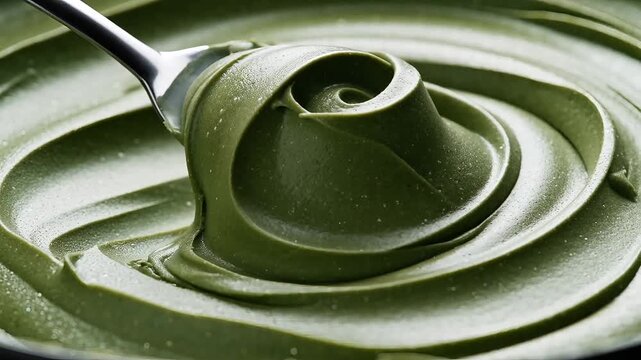 Close up of creamy green matcha tea paste being swirled with metal spoon