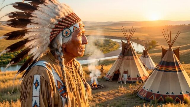 Native American chief in traditional feathered headdress standing before tipi village at sunset depicting indigenous Plains Indian culture, tribal heritage and authentic historical lifestyle portrayal