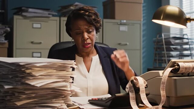 Stressed Black businesswoman rubbing eye at messy desk with paperwork