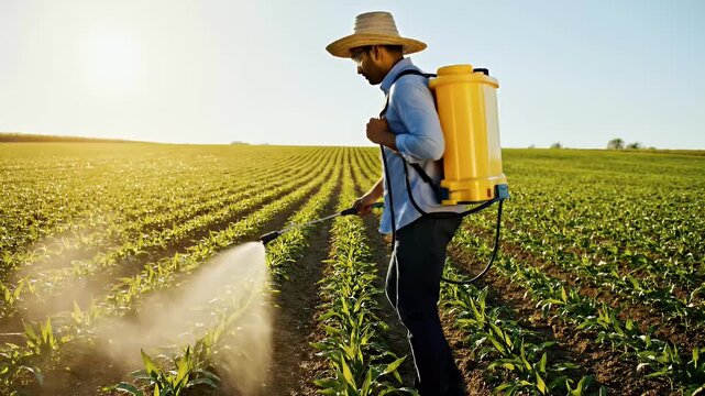 Farmer Sprays Crops In Sunlit Field With Backpack Sprayer Footage