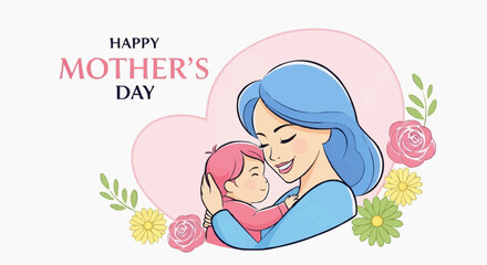 Obraz premium Mother's Day Illustration: A tender illustration celebrating Mother's Day, featuring a mother embracing her child with love and affection, surrounded by floral elements.