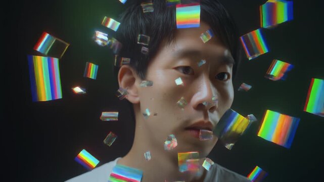 ホログラムの破片がゆっくりと女性の顔から離れていく幻想的なデジタルポートレート