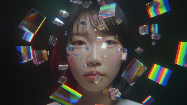 ホログラムの破片がゆっくりと女性の顔から離れていく幻想的なデジタルポートレート