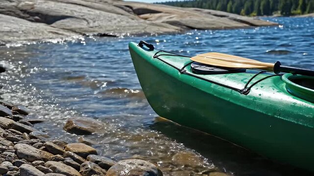 Green Kayak Resting On Rocky Shoreline With Rippling Blue Water