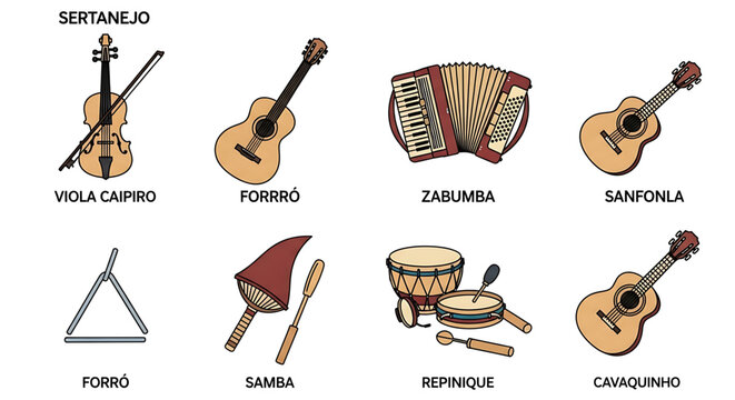 A colorful vector graphic illustration of various traditional Brazilian musical instruments.