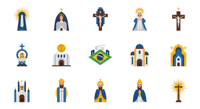 A collection of vibrant religious icons and symbols in a flat vector graphic design