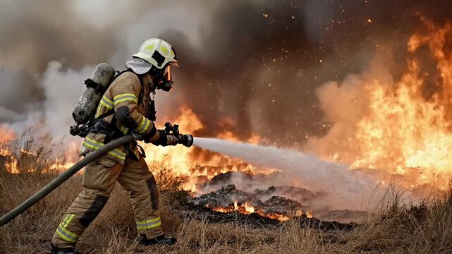 Firefighter in Protective Gear Sprays Water on a Large Field Fire