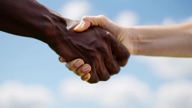 Close-up of diverse hands shaking, symbolizing friendship, unity, trust, and equality across cultures. Positive concept of connection and inclusion.