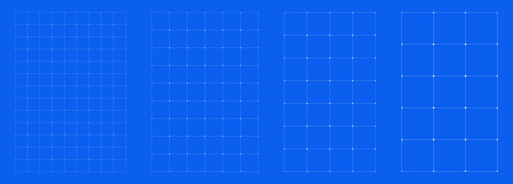 Blueprint grid set rounded cell geometry, four scale variations. Wide medium dense micro spacing comparison, engineering layouts dashboards notebook pages interface planning systems graphics. 