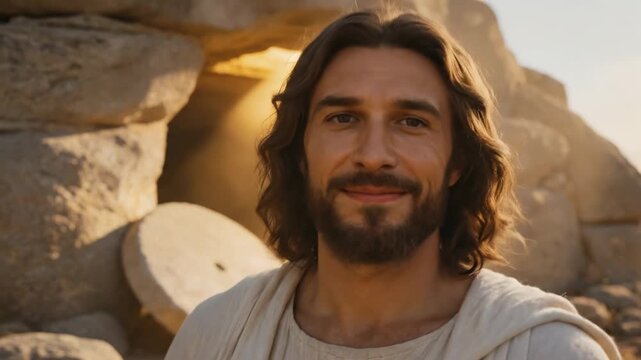  Cinematic video of Jesus Christ smiling and looking up at divine sun rays outside the stone tomb. Concept of Easter, resurrection, faith, and holy miracle.