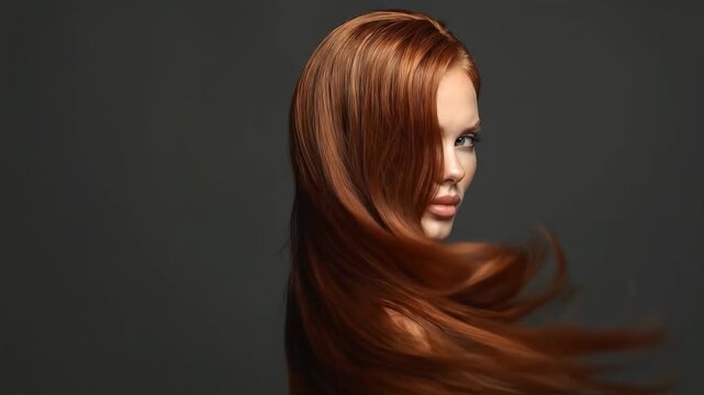 Cinematic video of a gorgeous redhead woman looking over her shoulder with long red hair blowing in the wind. Beauty, haircare, and fashion salon concept on a dark background