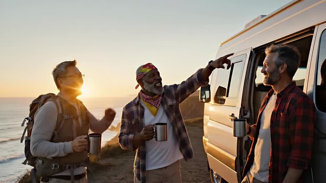 Friends Enjoying Coffee By The Van At Sunset On The Coast