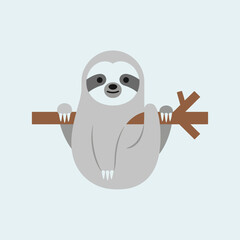 Fototapeta premium Cute Cartoon Sloth Hanging on a Branch Minimalist Illustration.