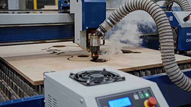 Industrial Laser Cutter Machine Engraving Wood Sparks Flying