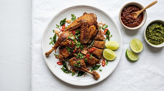 Top-down view of crispy fried duck (bebek goreng) on white plate, golden skin with herb garnish, sambal and lime wedges aside, natural studio light