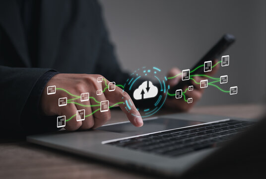 Cloud data synchronization and transfer concept with digital file flow between devices, representing secure data exchange, backup process, and network connectivity.