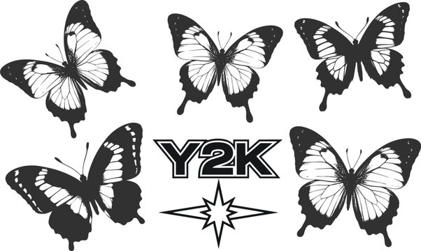 Black silhouette butterflies and y2 k text with starburst butterfly insect animal white