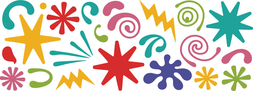 Colorful abstract shapes and starbursts on white background pattern
