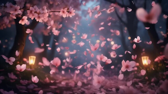 Cherry Blossom Petals Falling in a Dreamy Night Spring Forest