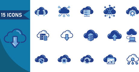 Fototapeta premium Set of fifteen modern cloud computing and data storage vector icons featuring blue gradient symbols for network infrastructure and digital technology interface