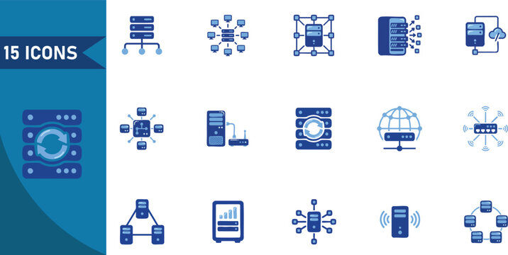 Set of 15 flat blue server and network infrastructure icons showing cloud computing data connectivity and digital communication systems for modern web interface