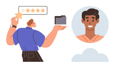 Fototapeta premium Customer experience, user profiles, feedback collection, evaluation, records management, online services. A person holding a folder and star, next to a profile icon. Customer experience and user