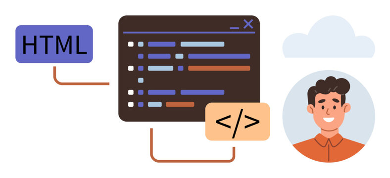 Web development, programming, coding skills, software design, career in tech, digital applications. A code editor screen with HTML and developer portrait. Web development and programming
