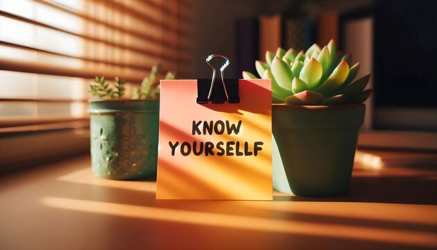 Sticky notes with know yourself message sit near potted succulent plant on desk