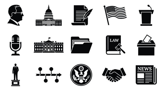 A collection of black and white icons representing government, law, and politics, including a president, capitol building, flag, and voting box.