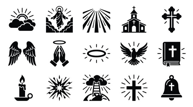 Collection of Christian religious symbols and icons representing faith, spirituality, and divine presence.