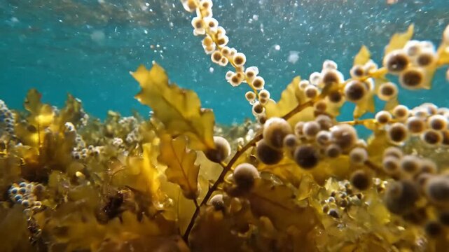 Underwater view of vibrant kelp forest with golden brown seaweed and small round pods