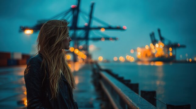 Urban loneliness and industrial decline a woman stands alone on a dock at night with cranes and shipping containers in the background reflecting on economic uncertainty.