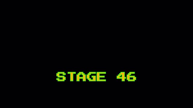 Retro Pixel Arcade Stage 46 Start Screen Animation with 8 Bit Text on Black Background for Vintage Video Games 4k video animation seamless loop
