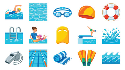 A vibrant collection of swimming-related icons, depicting various aspects of aquatic activities and pool safety. © GJ