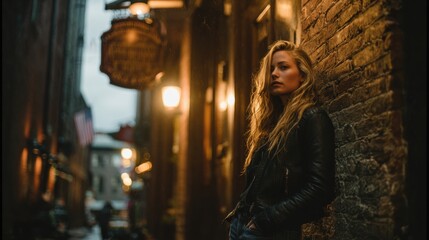 Fototapeta premium Urban loneliness and isolation a woman leans against a brick wall in a dark alleyway at night conveying a sense of feeling lost and disconnected in the city A moody and contemplative atmosphere.