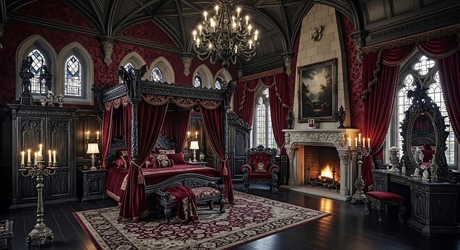A luxurious and ornate bedroom with a four-poster bed and a roaring fireplace in a historic mansion