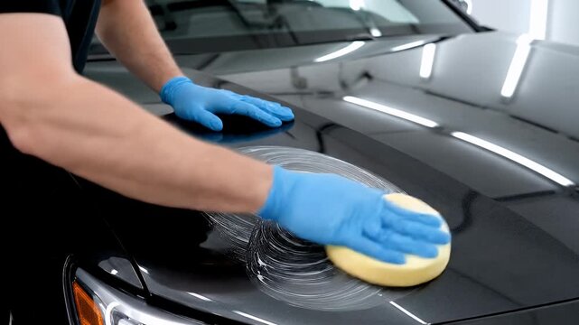 Polishing Shiny Black Car Hood With Yellow Foam Pad Blue Gloves