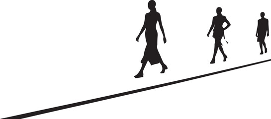 Fototapeta premium Silhouetted Models Walking on Fashion Runway, Catwalk Minimalist Black and White Haute Couture Scene.