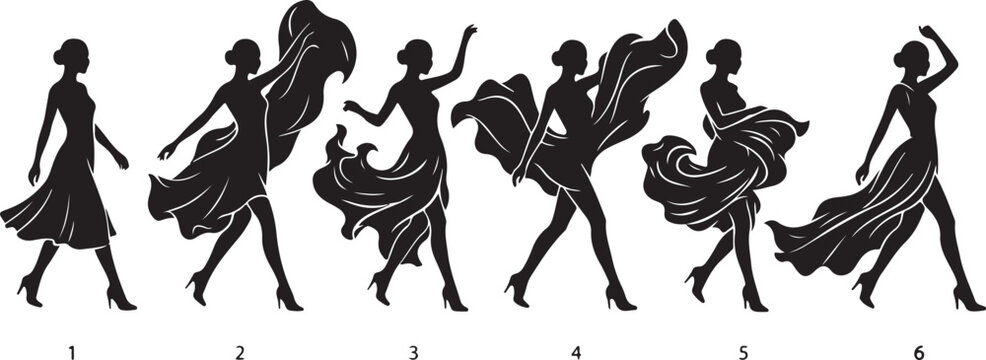 Set of Six Silhouette Fashion Models Walking on Catwalk Runway in Flowing Dresses, Numbered Poses for Design and Animation.