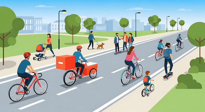 A vibrant city street scene featuring people riding bicycles and walking along a bike path with a clear blue sky and green trees in the background.