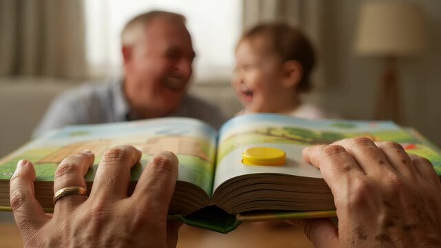 A toddler reaches to press a large yellow button in an interactive children's book held by a grandparent, capturing a heartwarming moment of early education, bonding, and intergenerational joy.