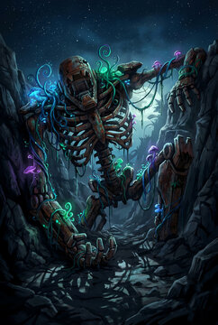Ancient Rusted Robot Skeleton Reclaimed by Nature, Bioluminescent Fungi in Dark Fantasy Sci Fi Ruins, Post Apocalyptic Environment Illustration