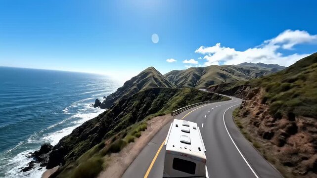 RV Driving On Scenic Coastal Highway Ocean Cliffs Sunny Day Footage