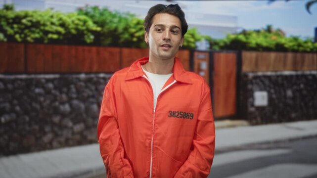 Man in orange jumpsuit stands with hands clasped and inmate number visible on street, looking sideways; isolation reflection.