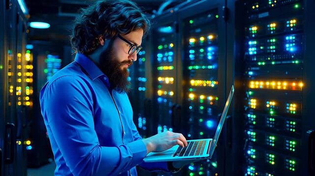 Man working on laptop in server room