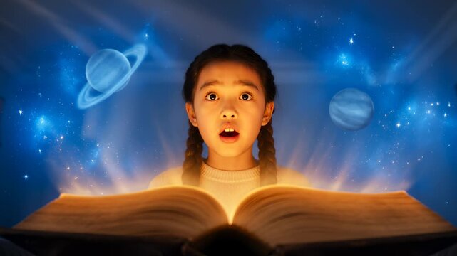 An imaginative young girl with braided hair sits in a dimly lit room, gasping in wonder as she reads an old book that magically projects glowing planets and shimmering cosmic space effects.