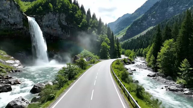 Scenic Road Beside Waterfall and River in Verdant Mountain Valley