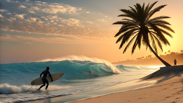 Summer Sunset Beach Illustration with Surfer and Palm Tree Silhouette
