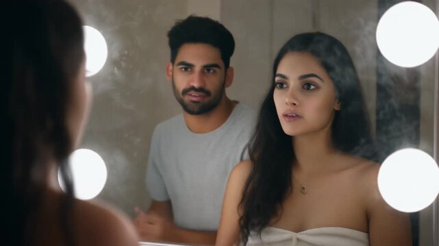 Mirror Reflection Glance. Situationship. Lifestyle / Home. A photorealistic shot of a woman looking at a man's reflection in a bathroom mirror while he brushes his teeth behind her
