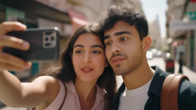 Mixed Signals Selfie. Situationship. Modern Dating Concepts. a young woman taking a selfie with a man while both exchange slightly uncertain smiles, set on a lively city street
